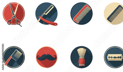 Retro Barbershop Badge Icon Collection Flat Vintage Barber Equipment Vector Set
