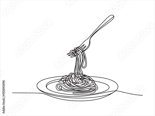 Continuous line art depicting spaghetti on a plate with a fork. Italian Food Vector Illustration