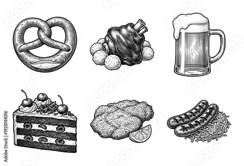Set of traditional German food and drink icons featuring pretzel, beer, schnitzel, and black forest cake in a vintage woodcut engraving style.