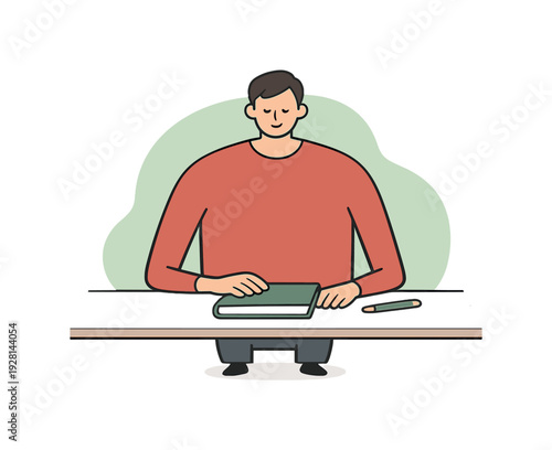 Quiet person closes a notebook at a desk, cover lowered gently, pen aside, pages aligned, pause marking end of workday calmly. ok