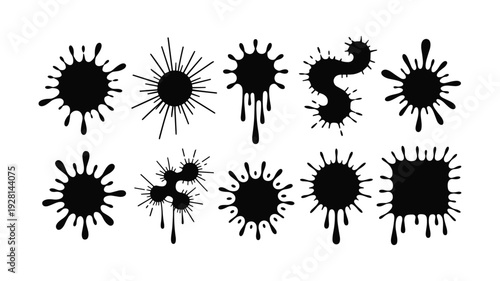 Collection of keywords: black ink splatters and drips on white background splash drop