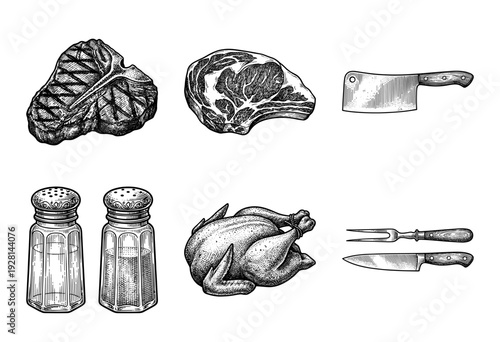 Vintage engraving style collection of meat cuts, poultry, and butcher tools including t-bone steak, ribeye, whole chicken, cleaver, and salt shakers.