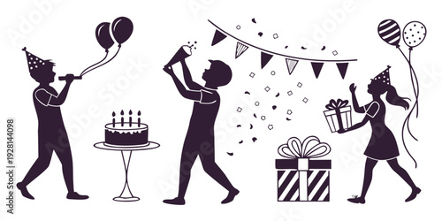 A lively celebration with people dancing and enjoying a party with balloons and cake. Vector