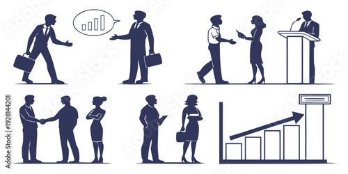 Diverse group of people engaged in various professional activities and interactions. Vector