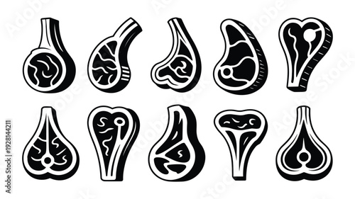 Collection of ten keywords: black and white stylized meat cuts on a white background beef pork lamb steak