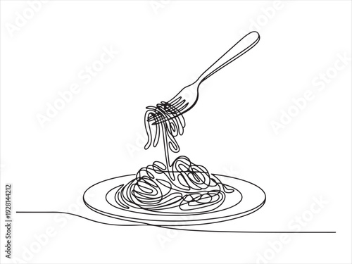 Continuous line art depicting spaghetti on a plate with a fork. Italian Food Vector Illustration