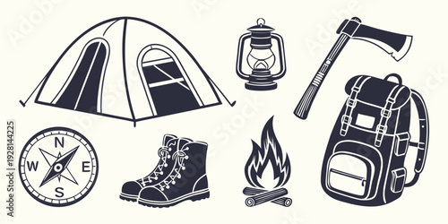An assortment of camping and hiking equipment laid out on a white background Vector