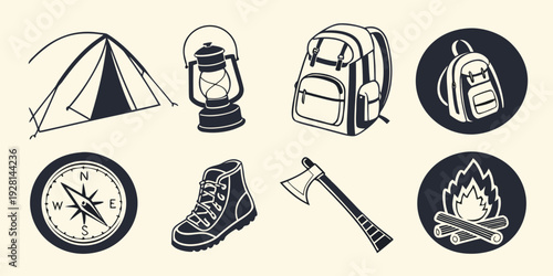 Camping gear and equipment essentials for outdoor adventures Vector