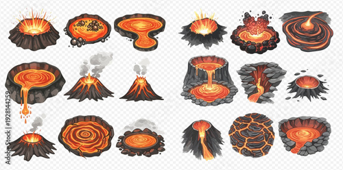 Set of cartoon volcanoes with flowing lava, volcanic eruptions, and molten rock pools, isolated on a transparent background.