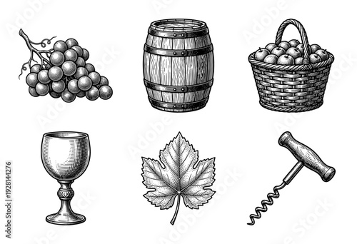 Vintage woodcut style collection of wine production elements featuring grapes, wooden barrel, apple basket, goblet, vine leaf, and corkscrew.