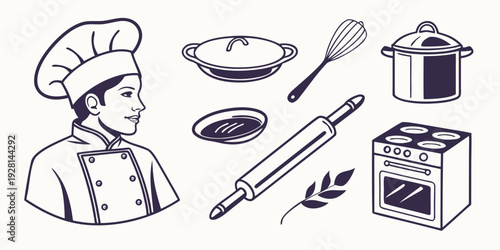 A chef's tools and ingredients for cooking and baking displayed in black and white. Vector