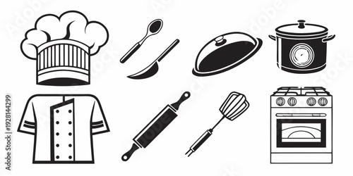 Assorted kitchen utensils and appliances neatly arranged in a row. Vector