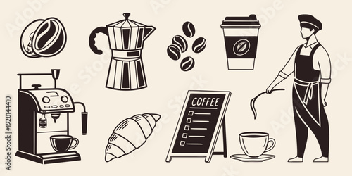 A vintage illustration showcasing various coffee-making tools and a barista at work. Vector