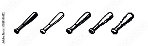Diverse Baseball Bat Icon Set: Solid, Outlined, Textured, and Pixel Art Designs.