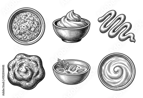 Set of vintage woodcut style illustrations featuring various sauces, dips, and condiments in bowls and swirls