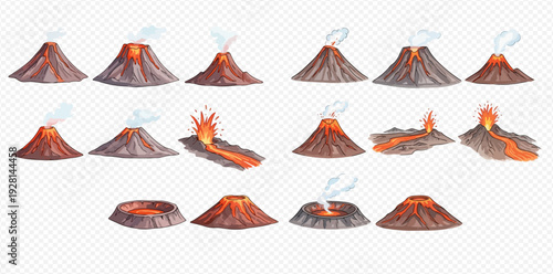 Set of volcano illustrations showing different stages of eruption, from dormant to active with lava flow and smoke.