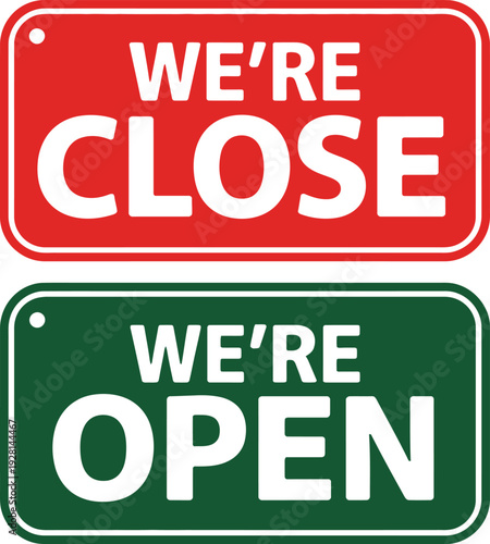 Open and closed shop door signs. Green and red store notice board vector illustration.