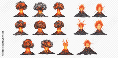 Volcano eruption and explosion with ash and lava, set of natural disaster illustrations.