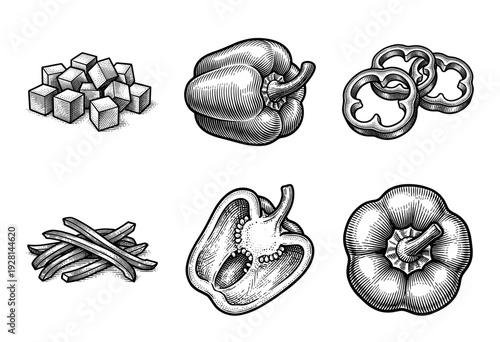 Vintage woodcut style illustration of fresh bell peppers including whole, sliced, diced, and julienne cut pieces for culinary and food design projects