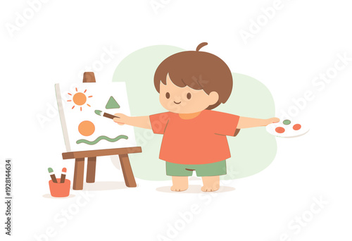 Gentle child paints on a canvas, arms reaching outward as simple shapes appear and the floor stays open | child painting canvas,
