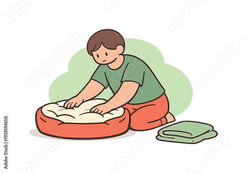 Fresh person prepares a pet bed on the floor, fluffing cushions and smoothing fabric while a blanket folds nearby. | pet bed, pet