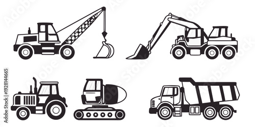Construction vehicles including a tractor, truck, and bulldozer Vector
