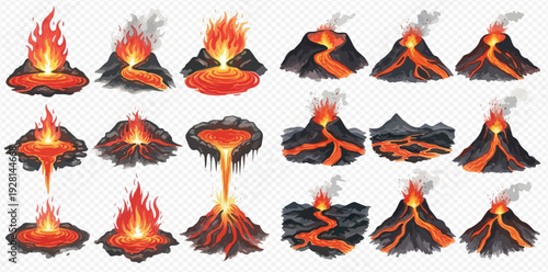 Set of various erupting volcanoes with fiery lava and smoke.