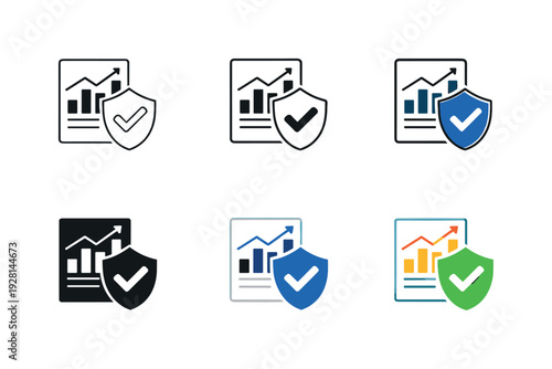 Insurance protection icon featuring a shield with checkmark and document or graph, symbolizing risk management, coverage, and