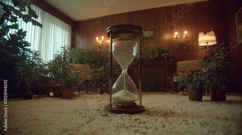 A room interior featuring a large hourglass, wood paneling, plants, and vintage decor