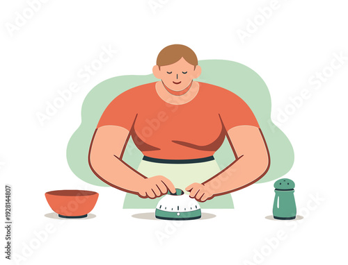 Gentle person sets a kitchen timer on the counter, arms reaching forward, time adjusted with care. | kitchen timer, setting timer