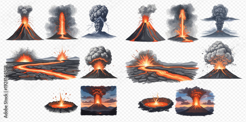 Set of various volcanic eruptions with lava flows and smoke clouds, illustrating natural disasters.