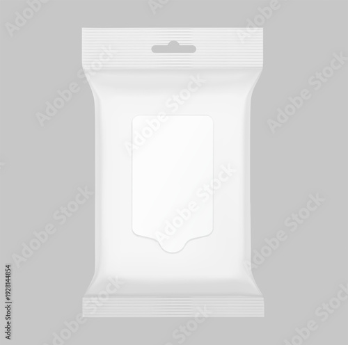 Wet wipes flow package mockup with realistic flap and hang slot. Vector illustration isolated on grey background. Can be use for your design, promo, adv and etc. EPS10.