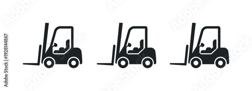 Transport hub scene depicted by an industrial forklift with overhead guard and raised forks reduced to a clean icon, identical