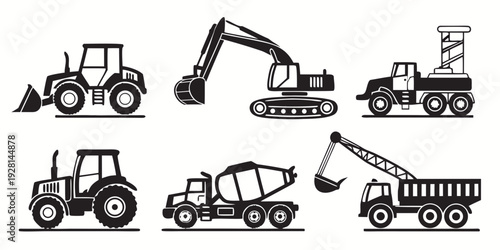 A collection of various construction vehicles and equipment in black and white Vector
