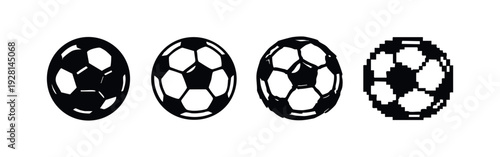 Soccer Ball Icon Set in Silhouette, Outline, Shaded, and Pixel Art Styles