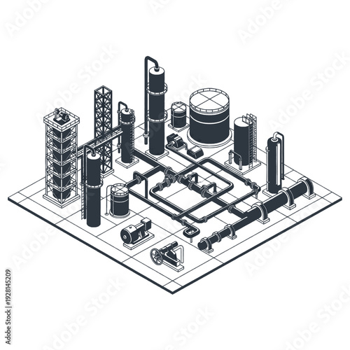 Industrial Plant Diagram with Pipes and Tanks.