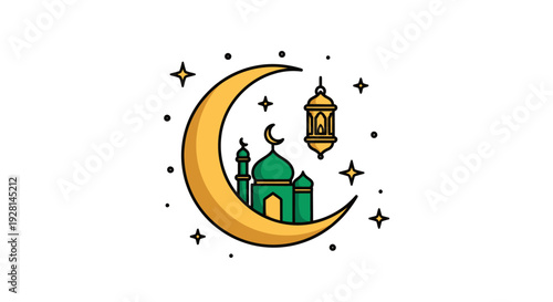 Green Mosque Under Crescent Moon Light.