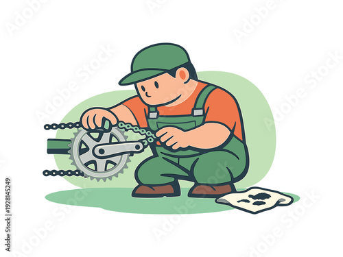 Mechanic Adjusts Bike Chain. Small mechanic checks a bike chain, fingers turning pedals as links align and grease marks rest on a