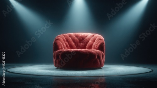 Plush red chair under bright spotlights against a dark, moody background