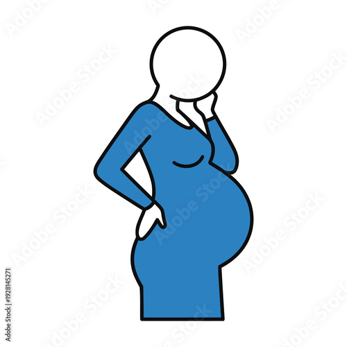 Pregnant woman in a blue dress holding her back with one hand and her chin with the other in a contemplative pose