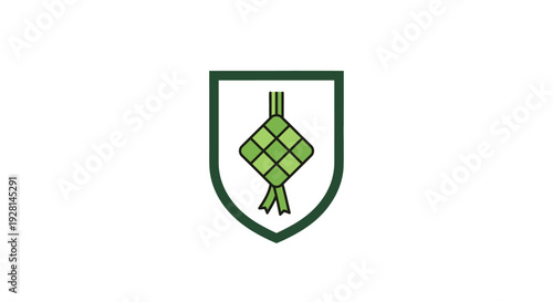 Green shield with woven symbol.