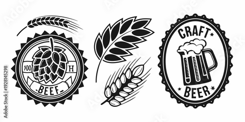 A collection of badges featuring a wreath, a leaf, and a beer mug. Vector
