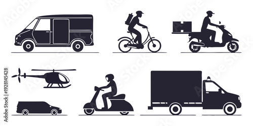 A diverse collection of vehicles and transportation methods illustrated in a simple line art style. Vector