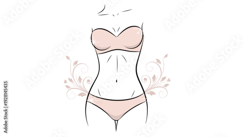 Delicate line art of a woman's body in pink lingerie decorated with floral swirls and sparkles, offering a feminine and elegant concept for beauty.