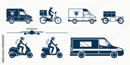A diverse collection of vehicles including vans, motorcycles, and bicycles Vector
