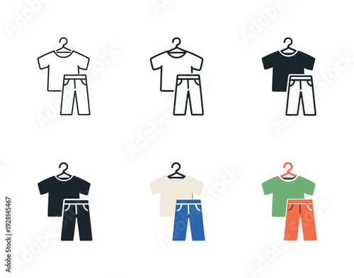 Informal wear icon showing a T-shirt and pants on a hanger, representing casual clothing, everyday attire, and relaxed fashion,
