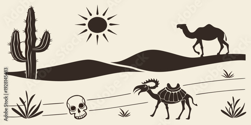 Desert scene with camels, cacti, and various animals under a bright sun Vector