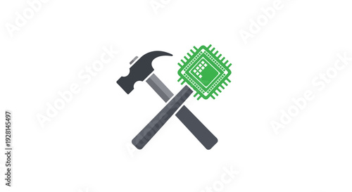 Hammer and green circuit board crossed.