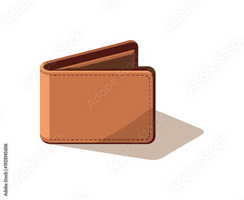 Simple brown leather bi-fold wallet casting a shadow on a light background