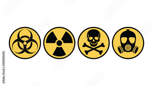 Four circular warning symbols biohazard radiation skull and crossbones gas mask keywords